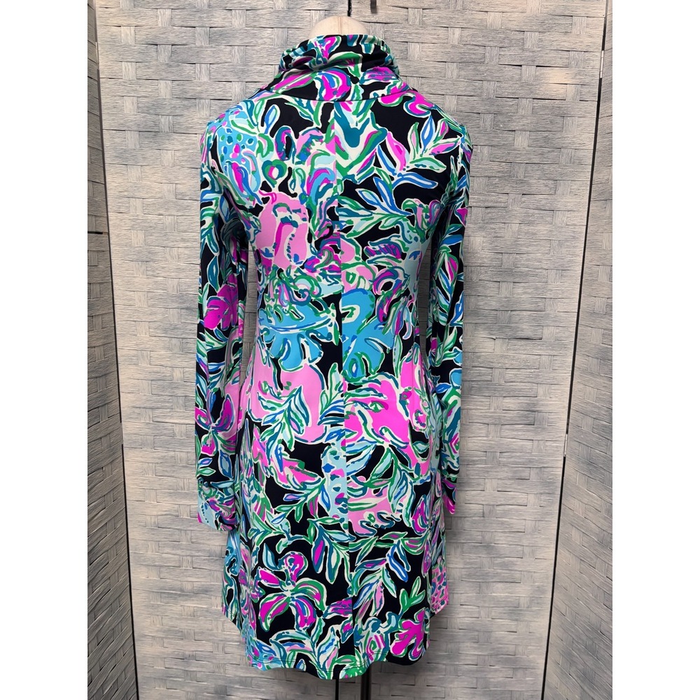 Lilly Pulitzer Women XXS Dress Navy Pink Floral UPF 50+ Cowl Neck Pockets Resort - Picture 4 of 8